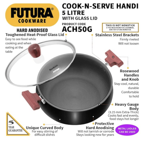 Hawkins Futura 5 Litre Cook n Serve Handi, Hard Anodised Biryani Handi with Glass Lid, Induction Saucepan, Sauce Pan, Black (IACH50G) - Image 3